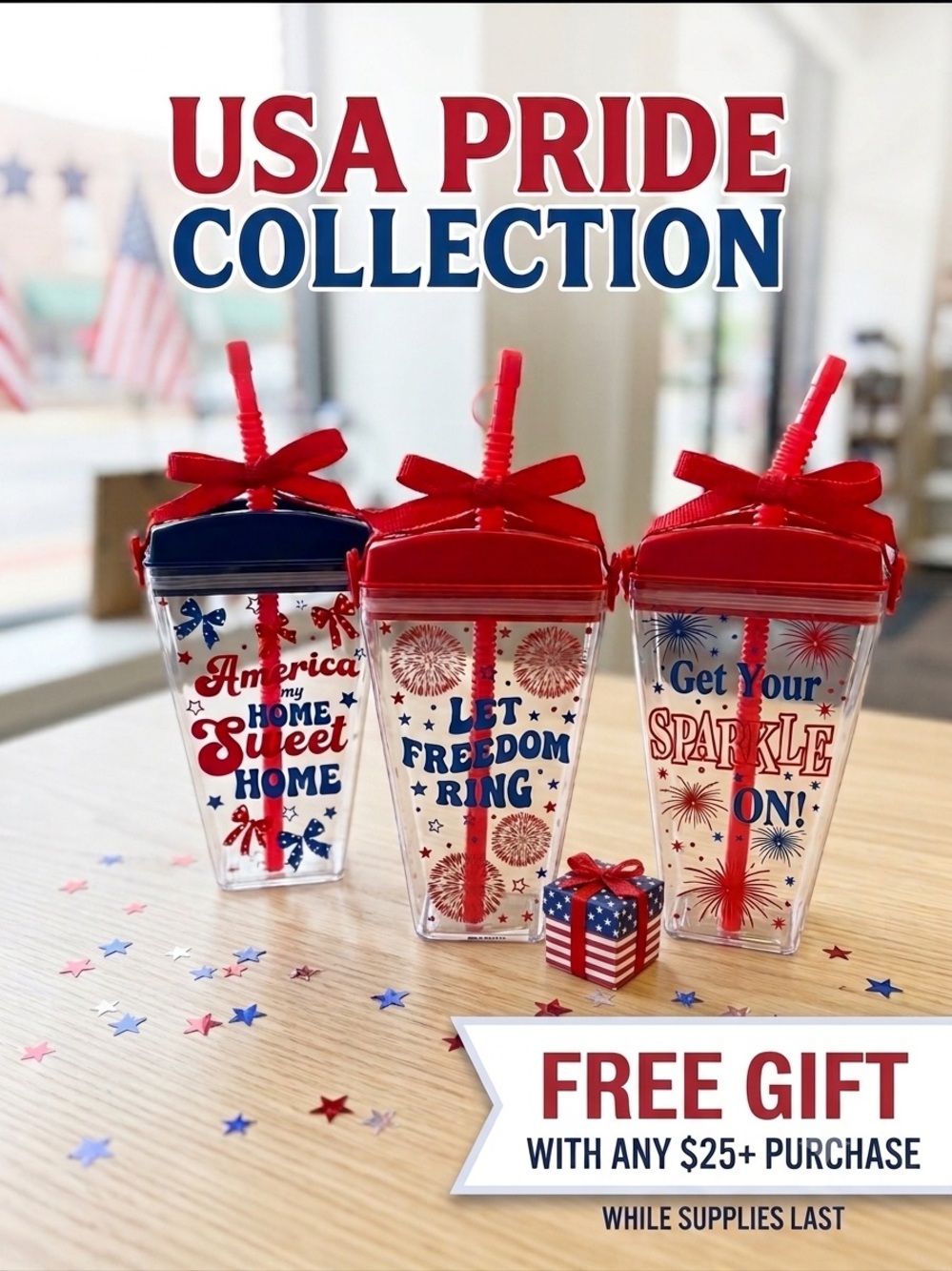 FREE W $25 PURCHASE - Patriotic USA Plastic Tumbler w Straw & Shoulder Strap